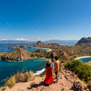 Young couple tourist enjoying the beautiful landscape at Padar island in Komodo National Park, Indonesia